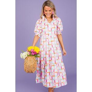 Michelle McDowell Women Pink White The Molly Look Me Up Tiered Midi Dress Medium